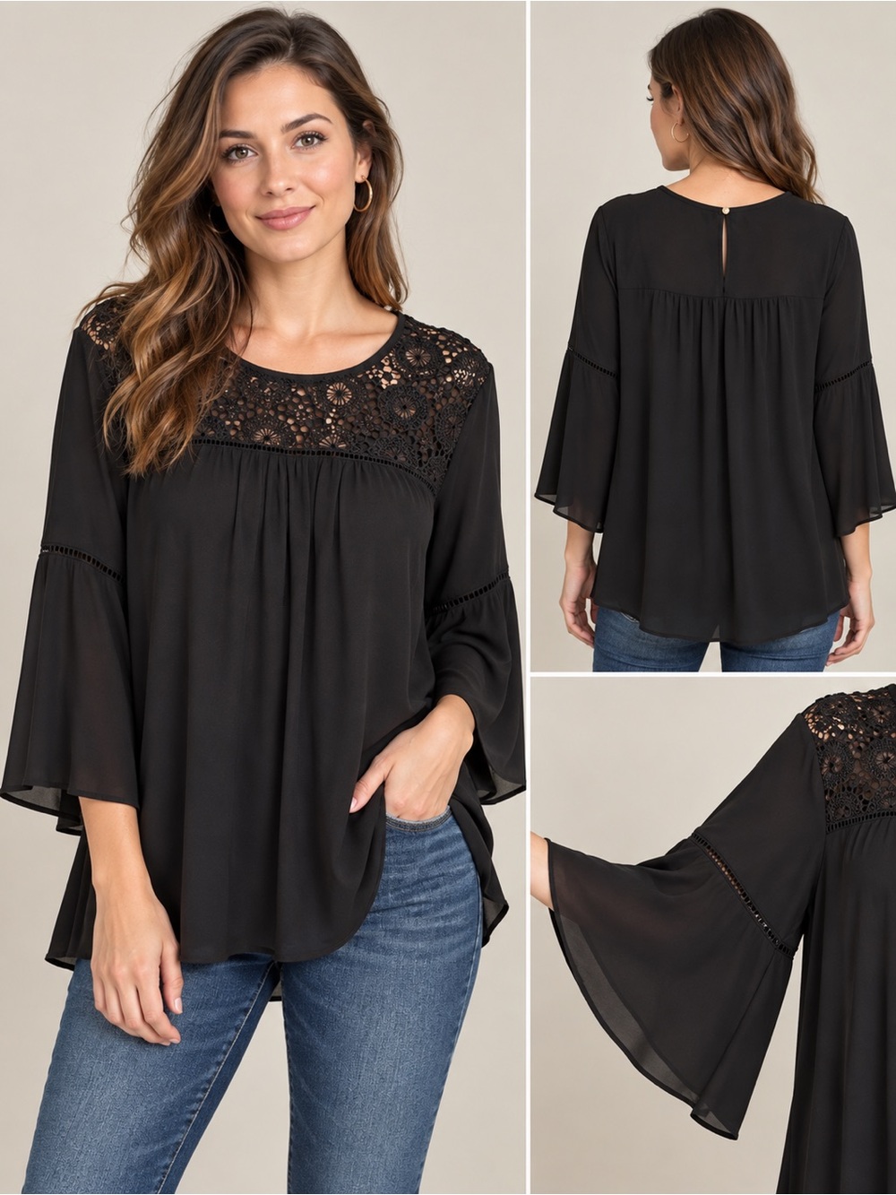 AVA & VIV Black Lace Crochet Bell Sleeve Blouse Plus Size 1X Boho